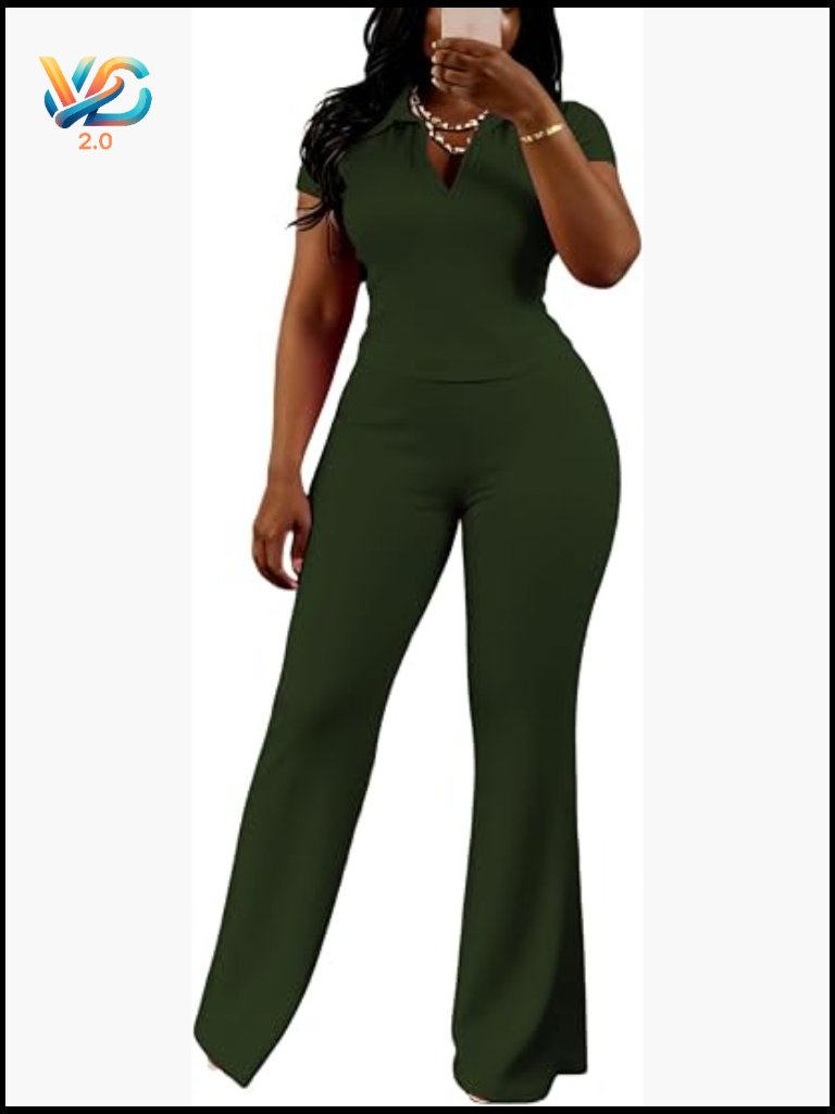 2 Piece Lounge Sets Slim Fit V Neck Polo Top Flare Pants Short Sleeve Casual